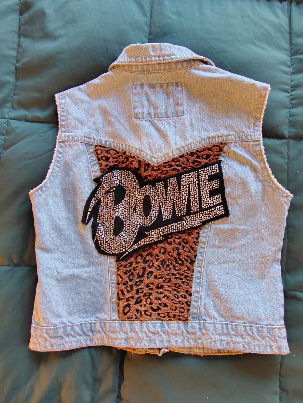 Custom David Bowie Light Blue Denim Vest w/ Leopard Print and Rhinestones